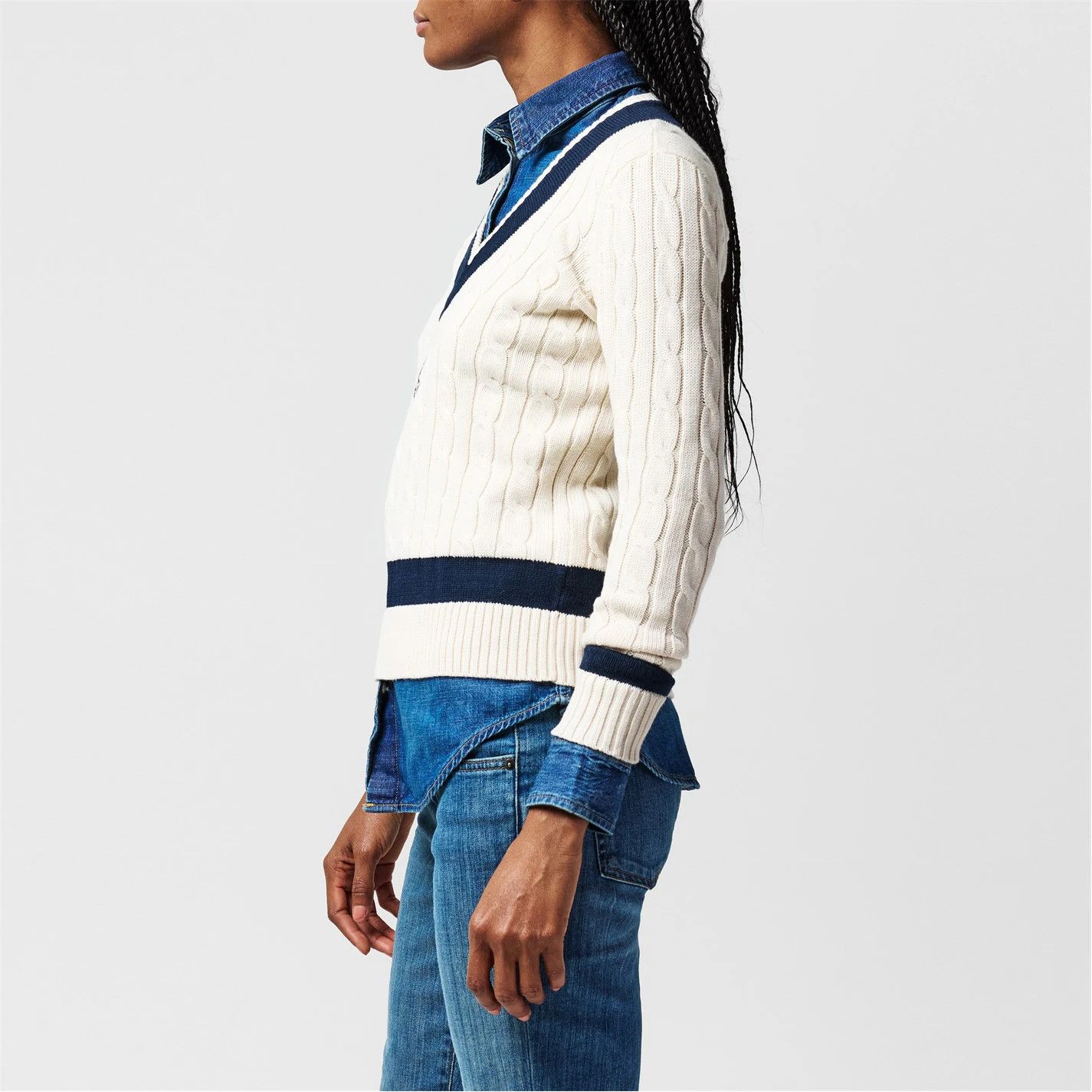 Lauren Ralph Lauren o1g2r1mq0825 Cable Knit Jumper in Cream/Navy Size L / US 10 / IT 46 - 3 Thumbnail