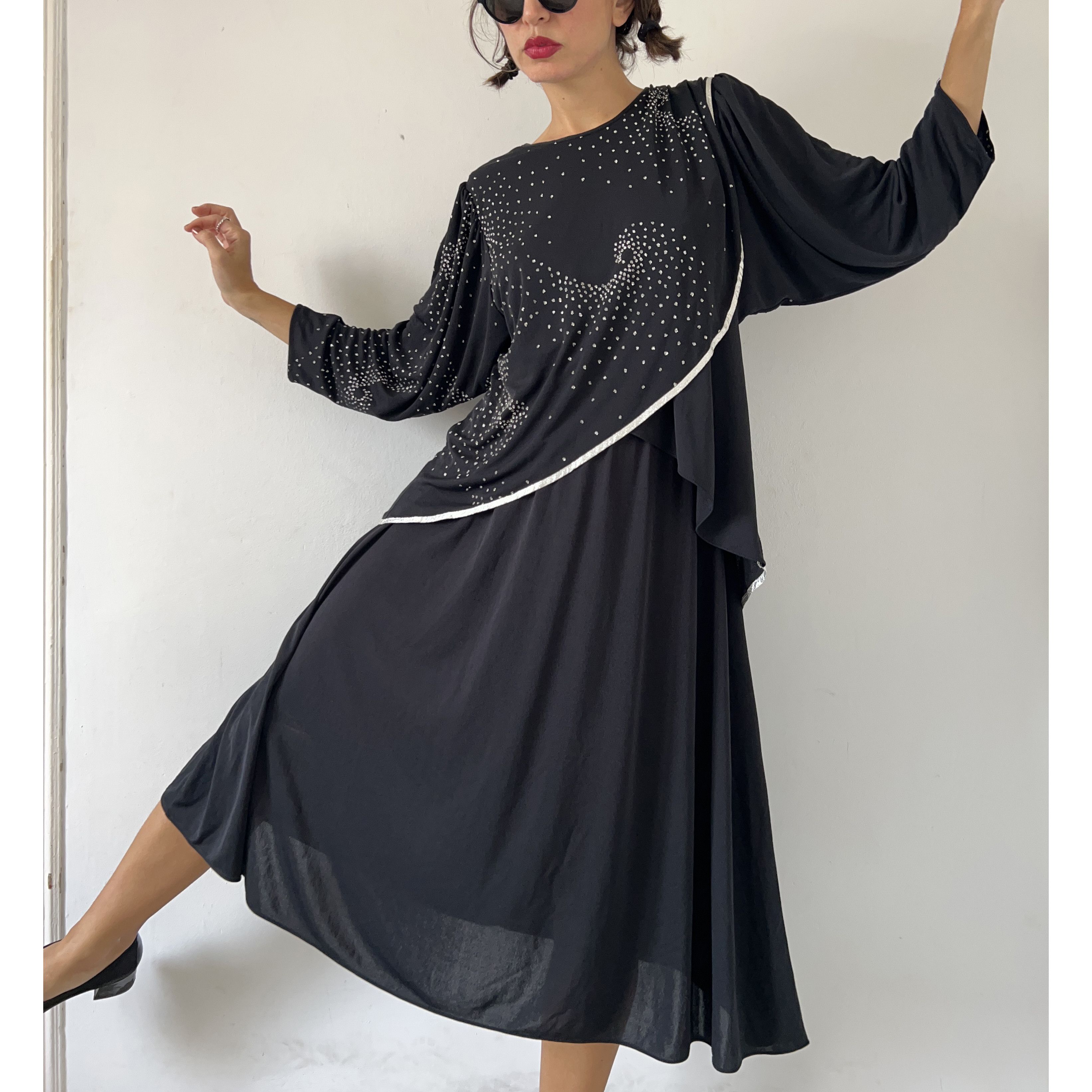 Vintage Vintage 80s Black Rhinestone Asymmetrical Midi Dress Size M / US 6-8 / IT 42-44 - 7 Thumbnail