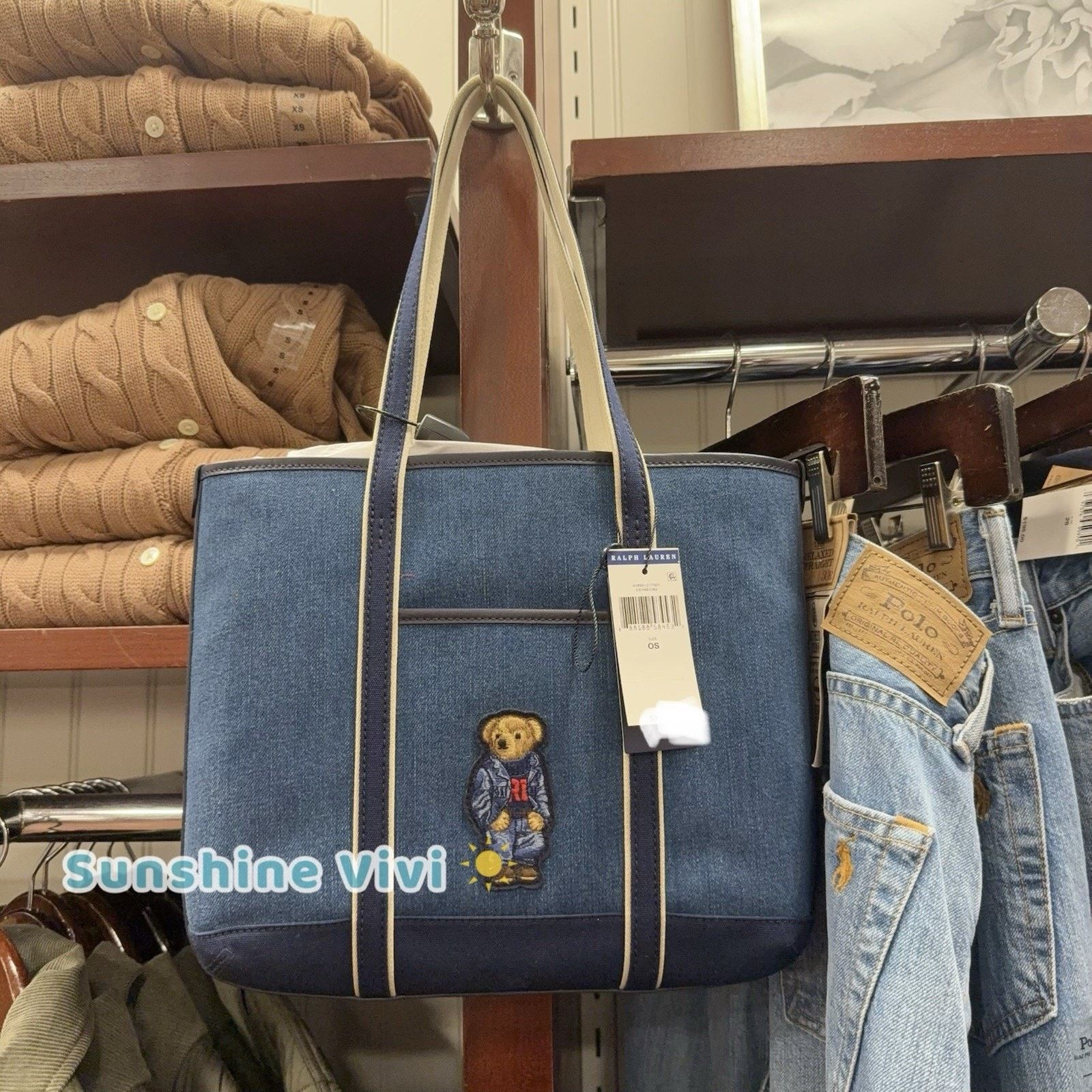 NWT POLO Ralph Lauren Small Bear Canvas Tote Bag Denim