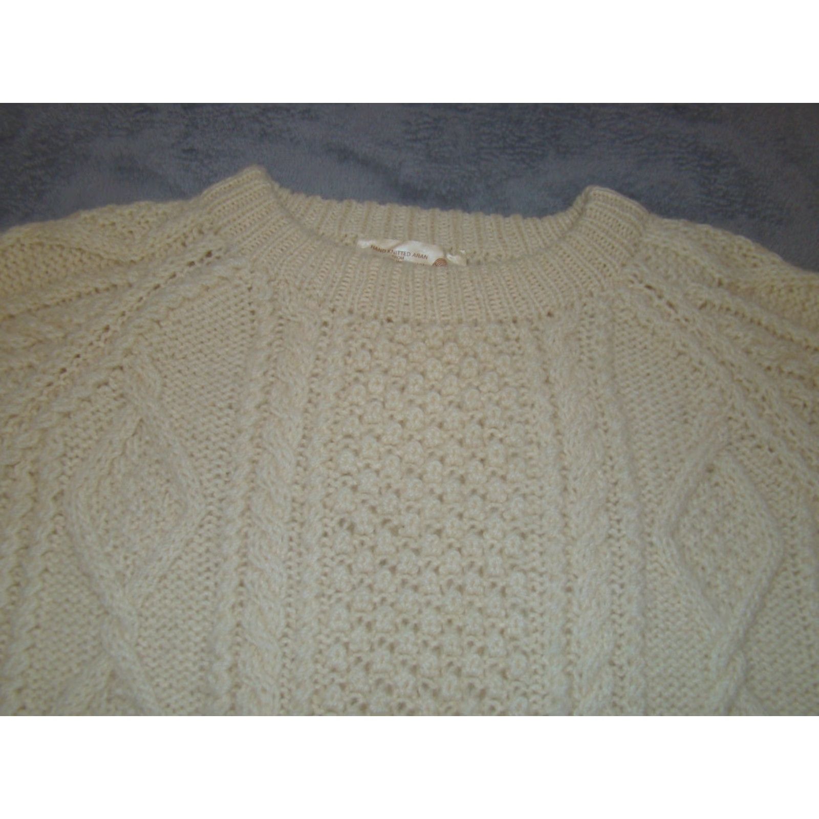 Vintage VINTAGE Aran Sweater Mens 42 Wool Cream Crew Neck Long Sleeve Chunky Knit Hand Knitted Size US XL / EU 56 / 4 - 2 Thumbnail