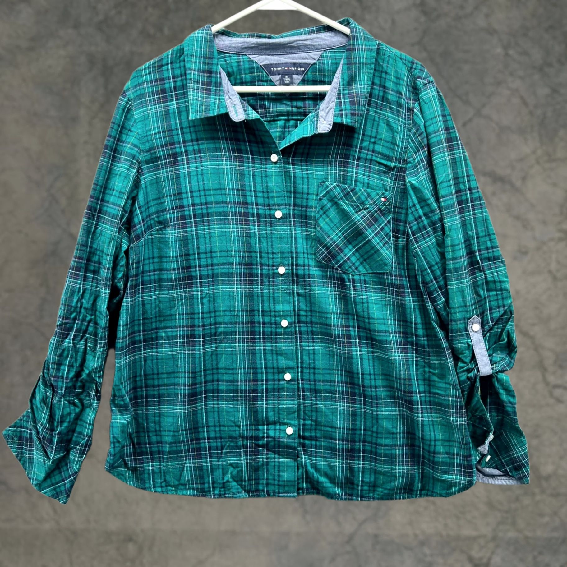 Tommy Hilfiger VINTAGE Tommy Hilfiger Shirt Womens XL Green Pocket Button Down Plaid Preppy Western Size XL / US 12-14 / IT 48-50 - 1 Thumbnail