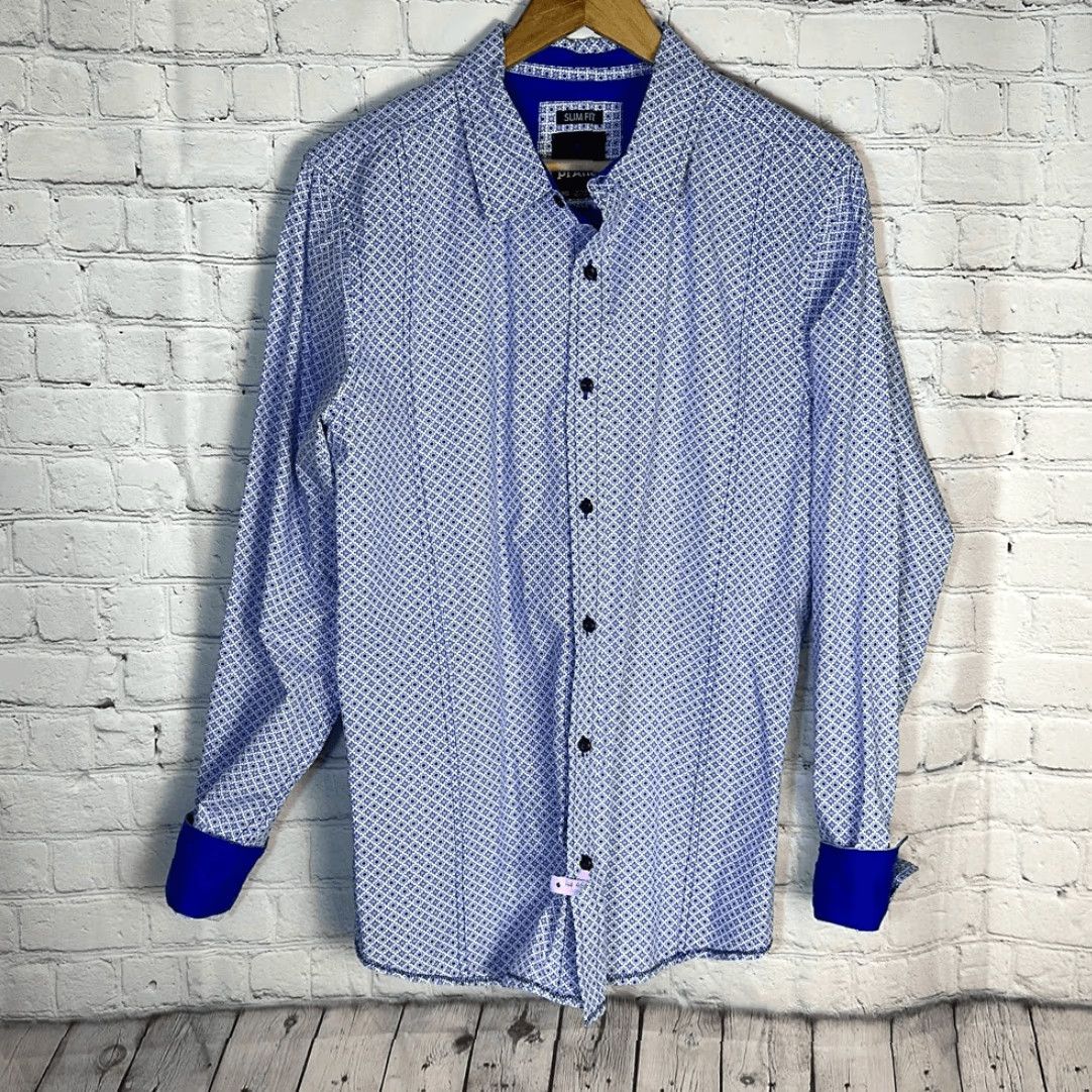 Prana prAna Shirt Mens L Blue Multicolor Geometric Poplin Slim Fit Long Sleeve Button-Up Lukas Size US L / EU 52-54 / 3 - 2 Thumbnail