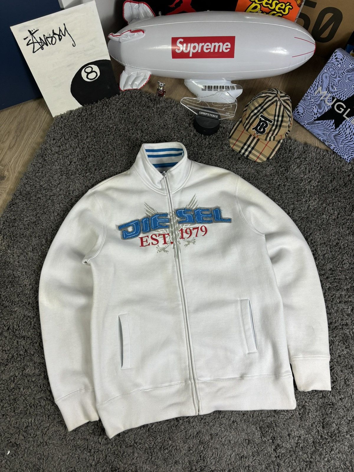 old diesel 短丈ワッフル フルジップ y2k ストリート Vintage Y2K Diesel Zip Distressed Big Logo White