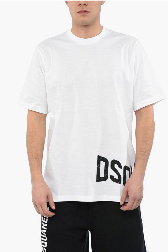 image of Dsquared2 Slouch T-Shirt With Contrasting Logo Print in White, Men's (Size Large)