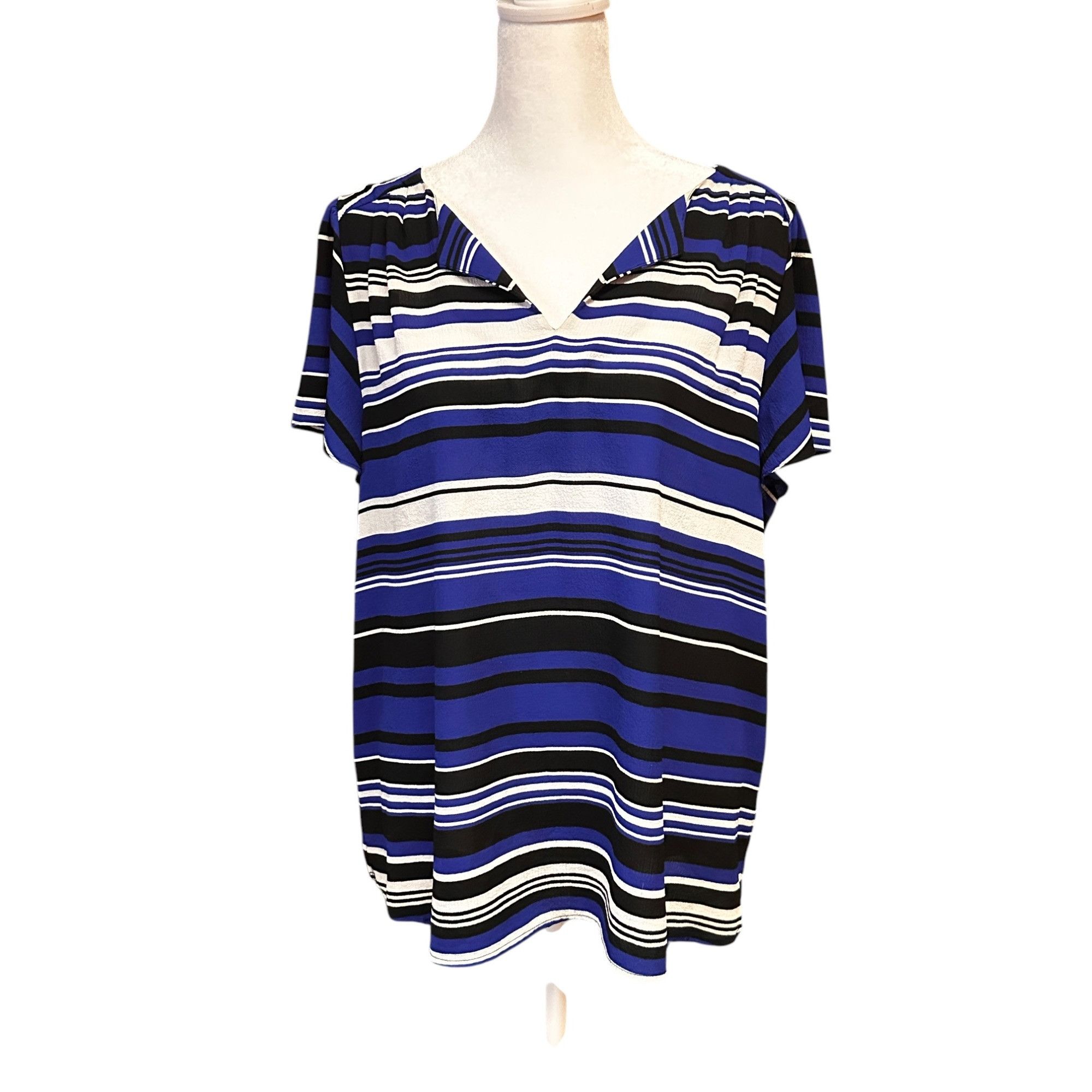 Other Elle Womens Striped Short Sleeve Top Large Blue & Black Poly Size L / US 10 / IT 46 - 1 Thumbnail