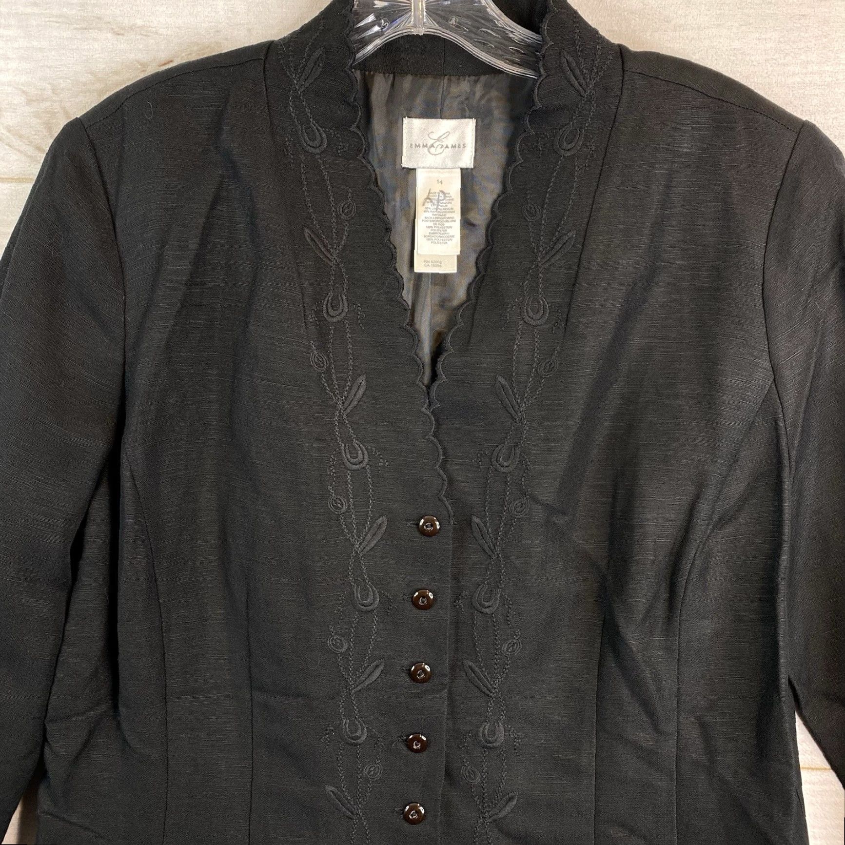 Vintage EMMA JAMES Blazer Womens 14 Black Embroidered Linen Button Up Lined V Neck NWT Jacket Size XL / US 12-14 / IT 48-50 - 2 Thumbnail