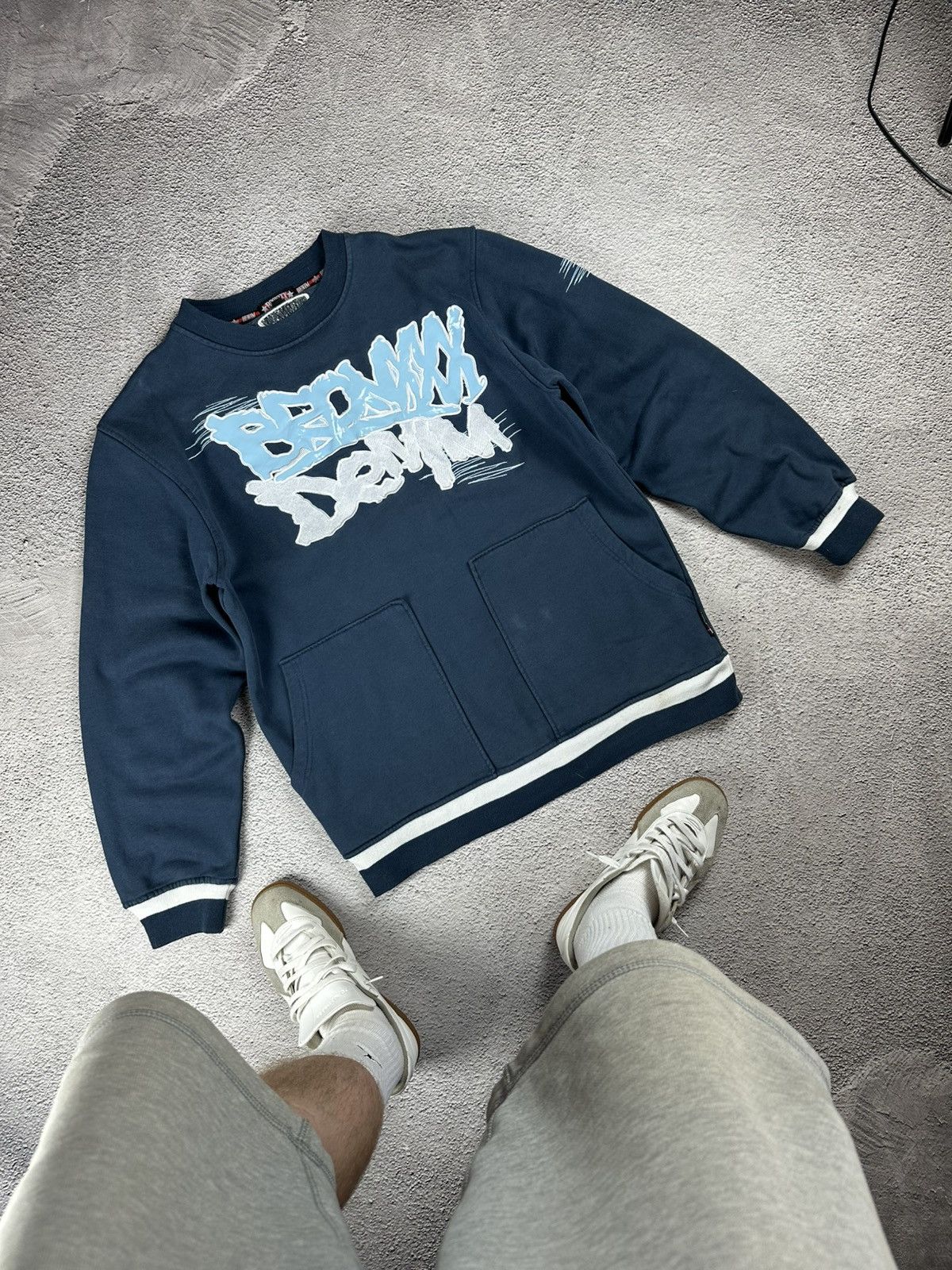 Japanese Brand BPMW Denim Graffiti Sweatshirt Navy Vintage Y2K Faded SK8 Size US XL / EU 56 / 4 - 3 Thumbnail