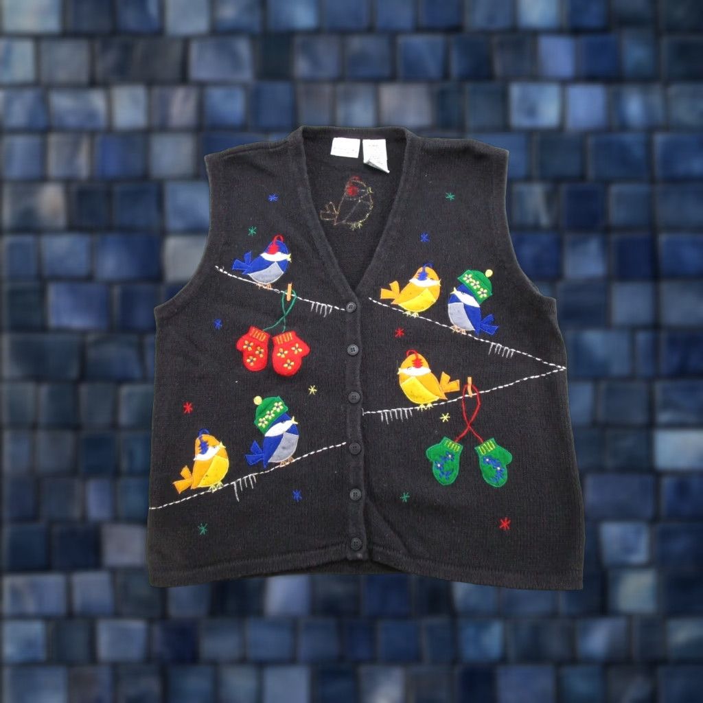 Vintage Vintage Bobbie Brooks Vest Embroidered Birds Winter Sweater Size 16/18W Black Knit Cotton V-Neck Women’s Sleeveless Regular Size XXL / US 16-18 / IT 52-54 - 1 Thumbnail