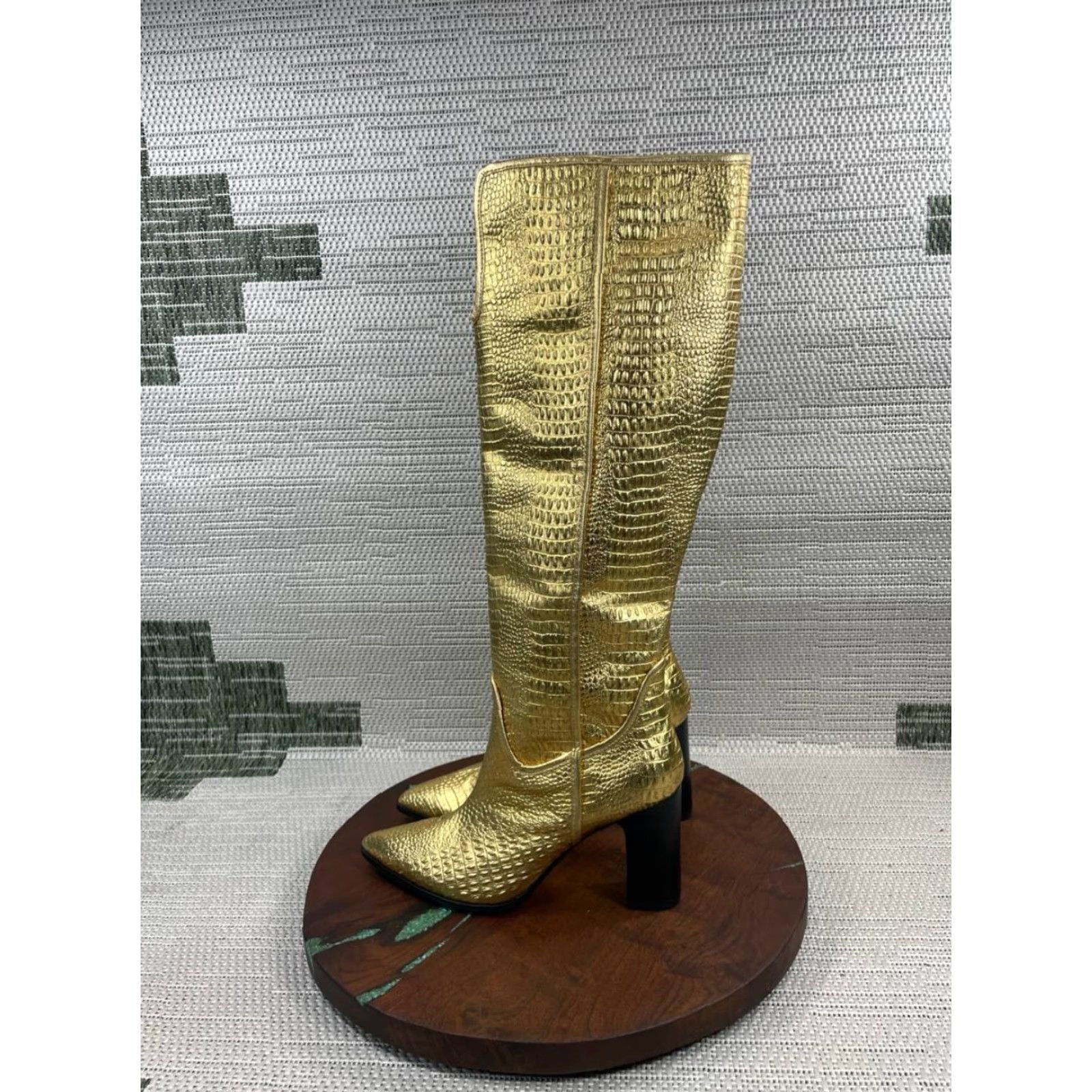 Vintage Cecelia New York Reckon Boots Womens Size 8 B Gold Leather Croc Embossed Mid-Calf Riding Block Heel Leather Lining Casual Outdoor Vintage: No Size US 8 / IT 38 - 5 Thumbnail
