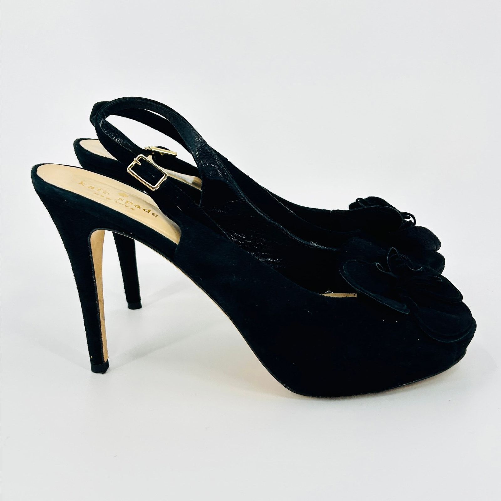 Kate Spade Black Genuine Suede Leather Rosette Platform Slingback Heels Size US 9 / IT 39 - 3 Thumbnail