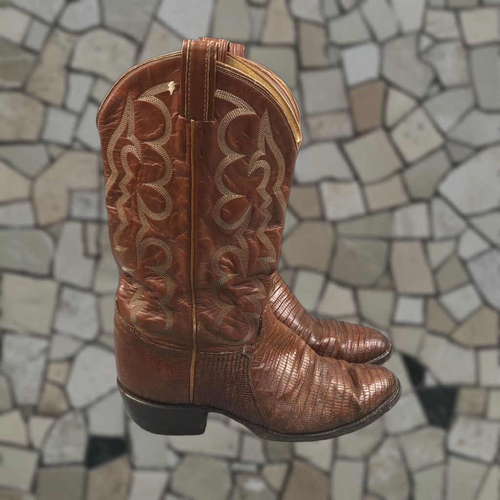 Tony Lama VINTAGE Tony Lama Boots Mens 9D Brown Teju Lizard Leather Cowboy Pointed Toe Mid-Calf Shaft Embroidered Western Workwear 490 Mens Size US 9 / EU 42 - 1 Thumbnail