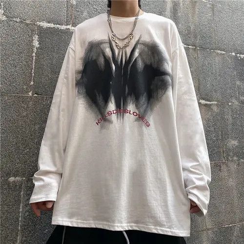 Image of Harajuku Oversize Men Long Sleeve T-Shirt in White (Size 2XL)