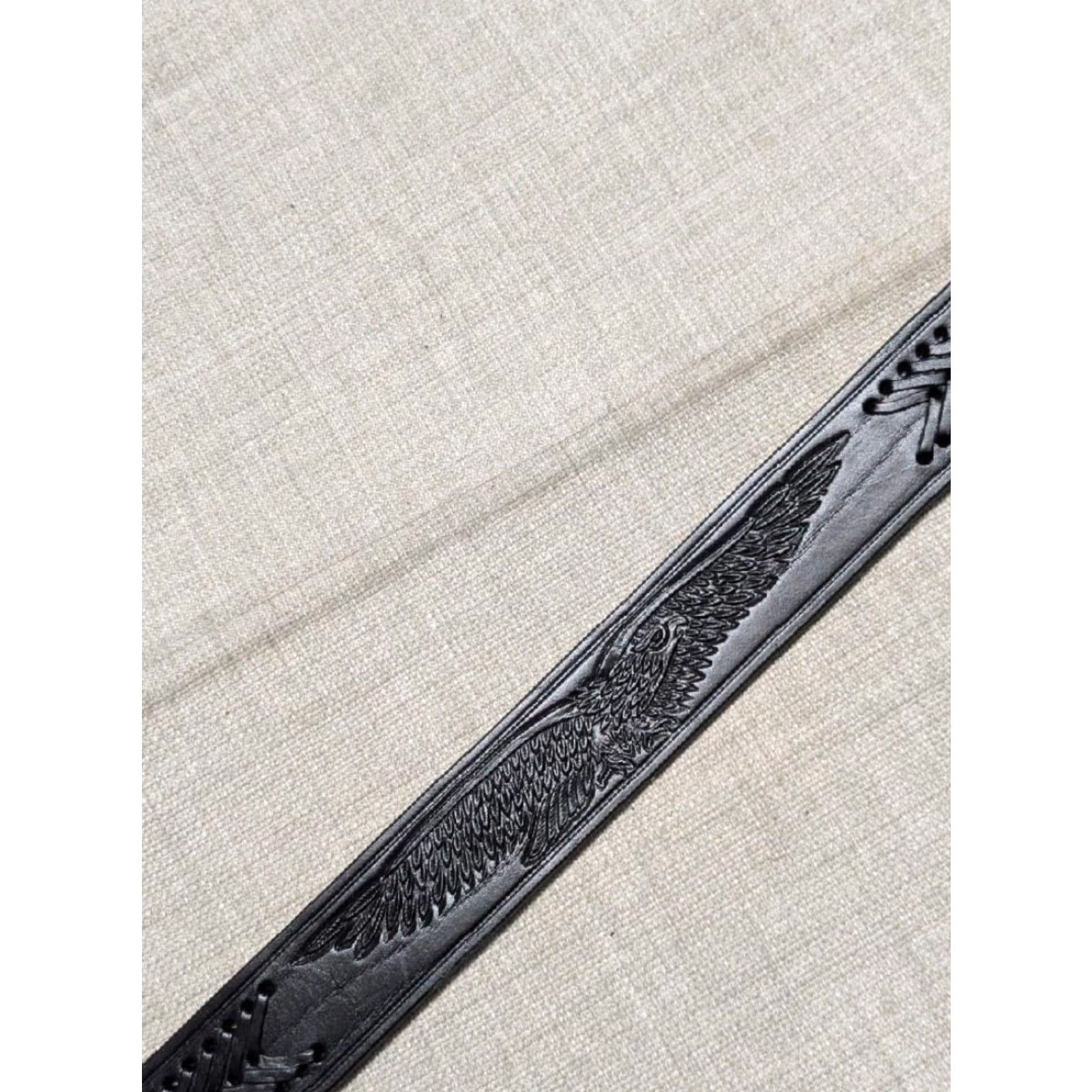 Vintage VINTAGE handcrafted western belt EAGLE buckle 42 belt Men Cowhide Leather Tooled Studded 1-1/2" Width Black 1980's Mens Size 42 - 3 Thumbnail