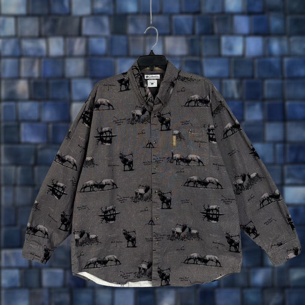 Vintage Columbia Mens Large Gray Elk Hunting Topo Print Button-Front River Lodge Shirt Size US L / EU 52-54 / 3 - 1 Thumbnail