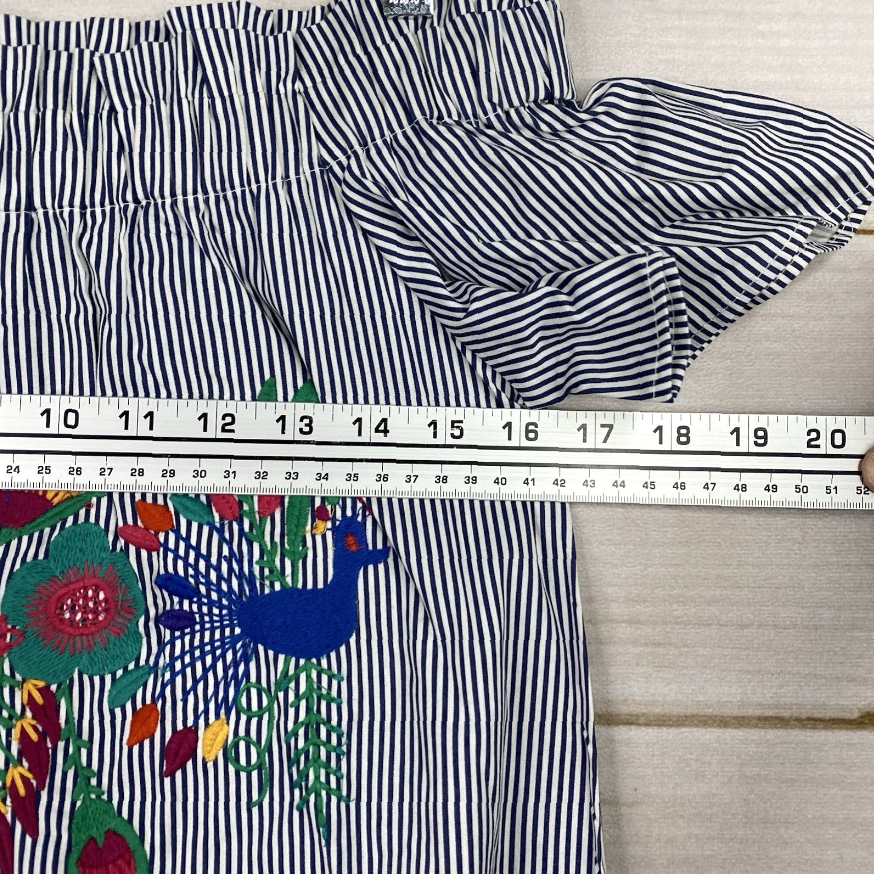 Vintage Judith March Dress S Blue Stripe Embroidered Peasant Off Shoulder Knee Length Boho Floral 100% Cotton Size S / US 4 / IT 40 - 4 Thumbnail