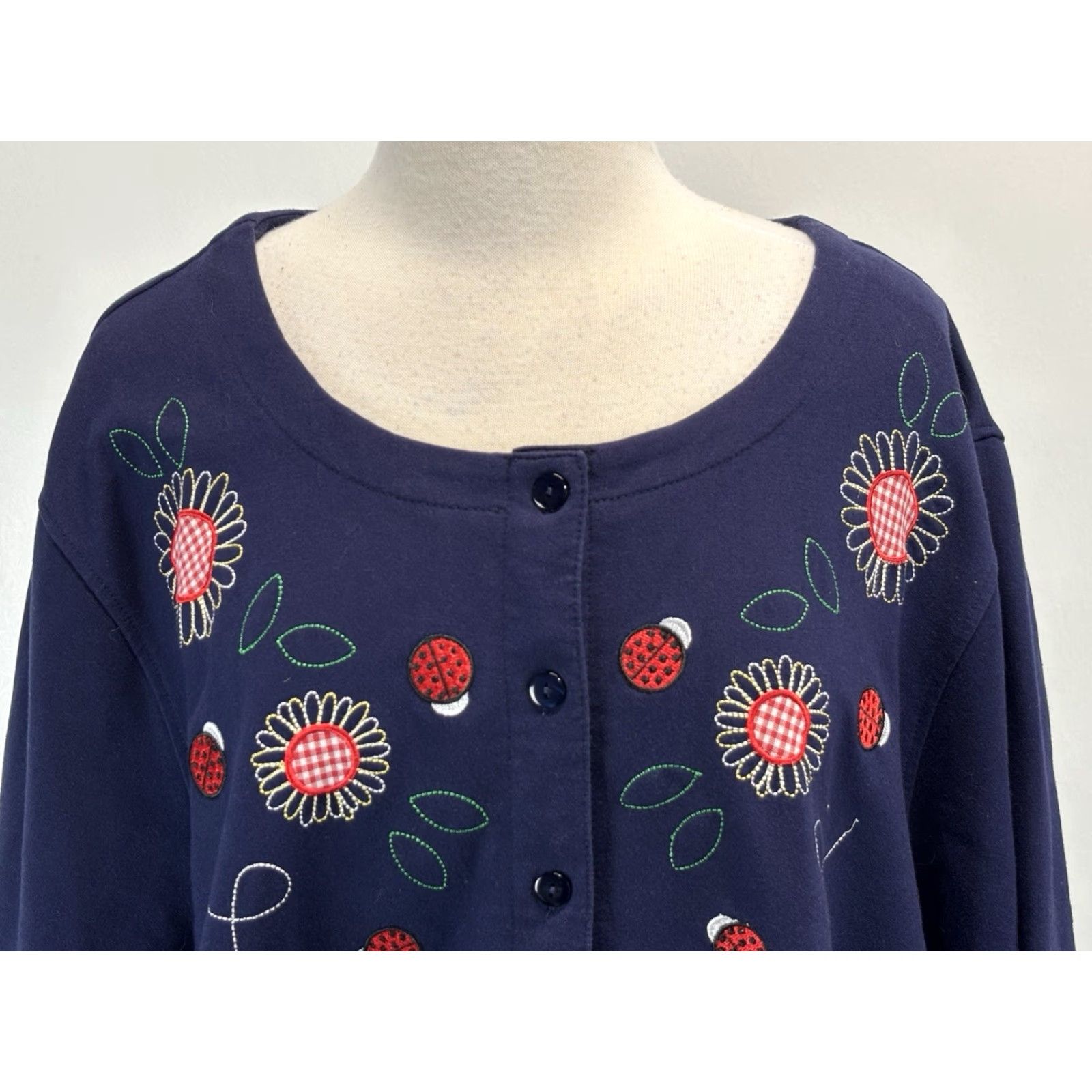 4SDESIGNS VINTAGE C&K Designs Cardigan Women’s 3X Plus Navy Embroidered Appliqué Ladybugs Blue Cotton Blend Sweater Long Sleeve Round Neck Womens Size XXL / US 16-18 / IT 52-54 - 5 Thumbnail