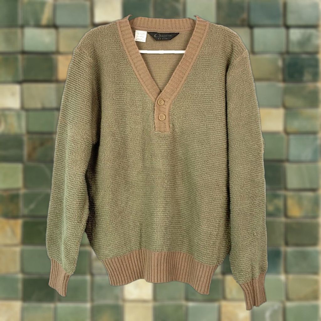 VINTAGE 60s Chemise Et Cie Knit Henley Sweater Brown Green XL Shirt Mens
