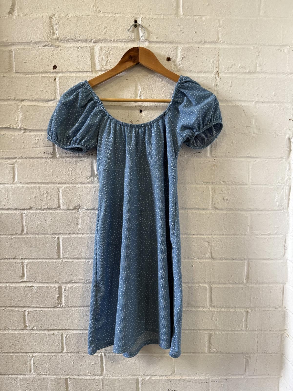 Designer Blue Polka Dot Midi Dress with Puff Sleeves Size ONE SIZE - 1 Thumbnail