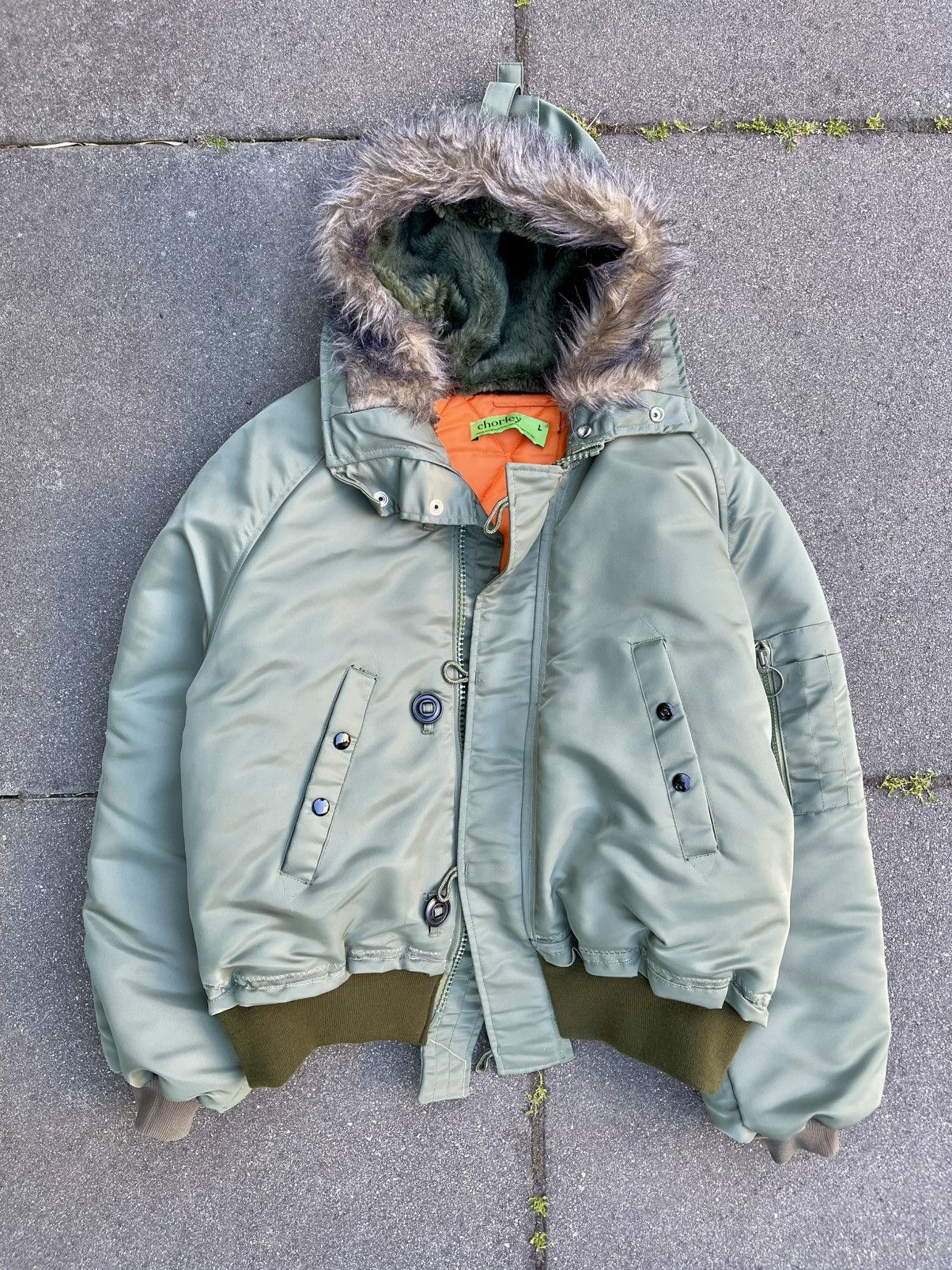 Chorley Deconstructed faux fur olive hooded bomber jacket reworked Size US L / EU 52-54 / 3 - 2 Thumbnail