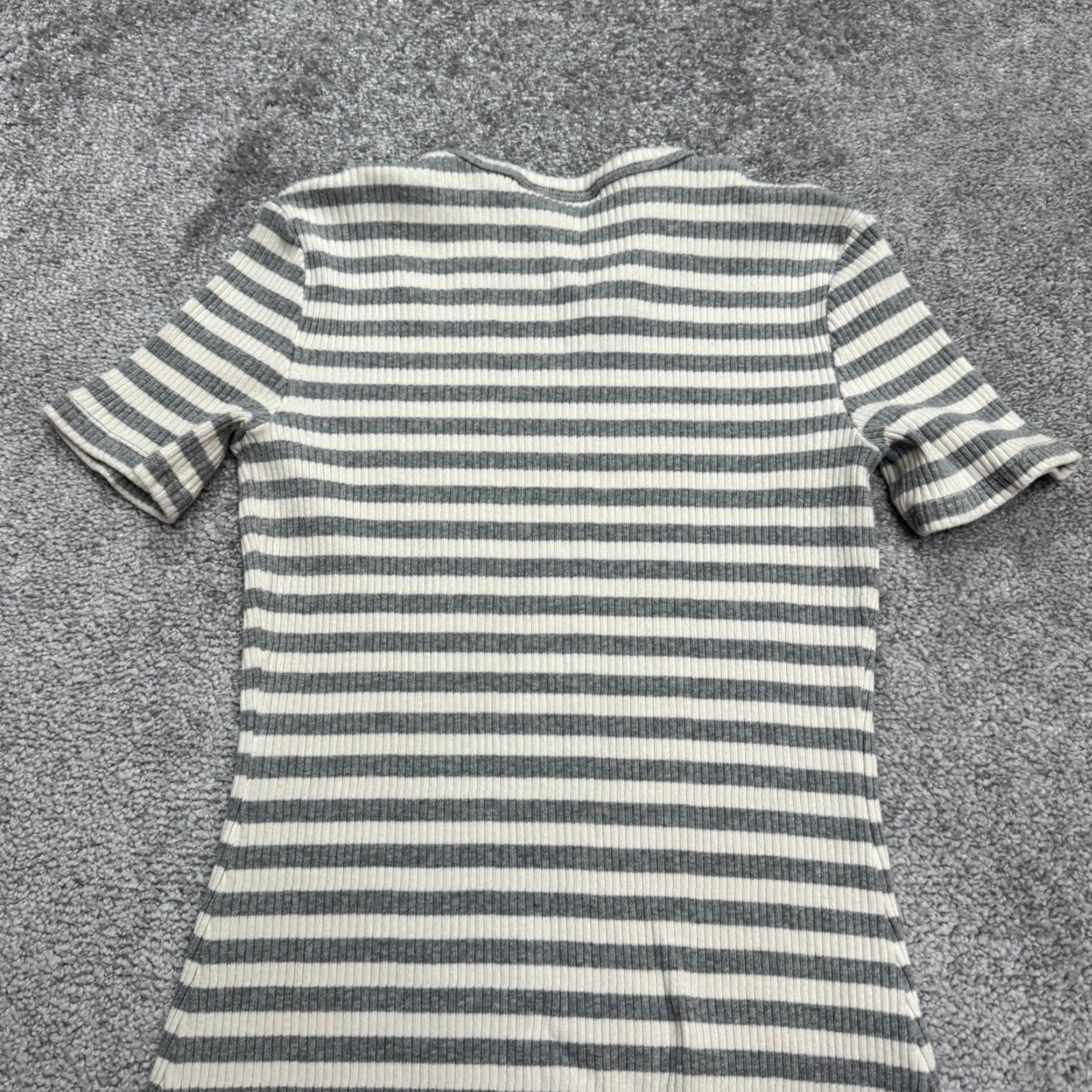 Theory Theory Bodycon Midi Dress Womens XSP Gray White Striped Crew Neck Knit Ribbed Cotton Blend Short Sleeve Vintage No Size XS / US 0-2 / IT 36-38 - 3 Thumbnail