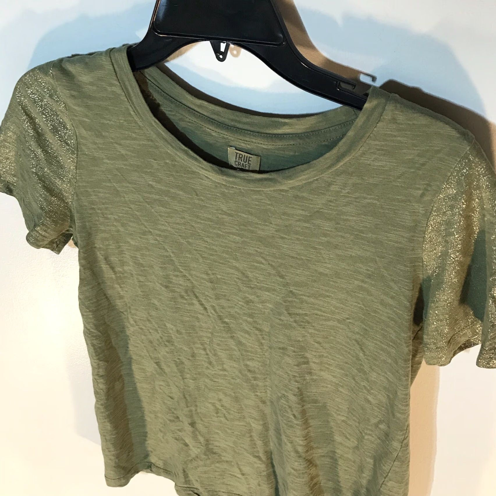 Vintage True Craft Green T-Shirt with Gold Glitter Sleeves Womens XS Casual Comfort Short Sleeve Size XS / US 0-2 / IT 36-38 - 2 Thumbnail