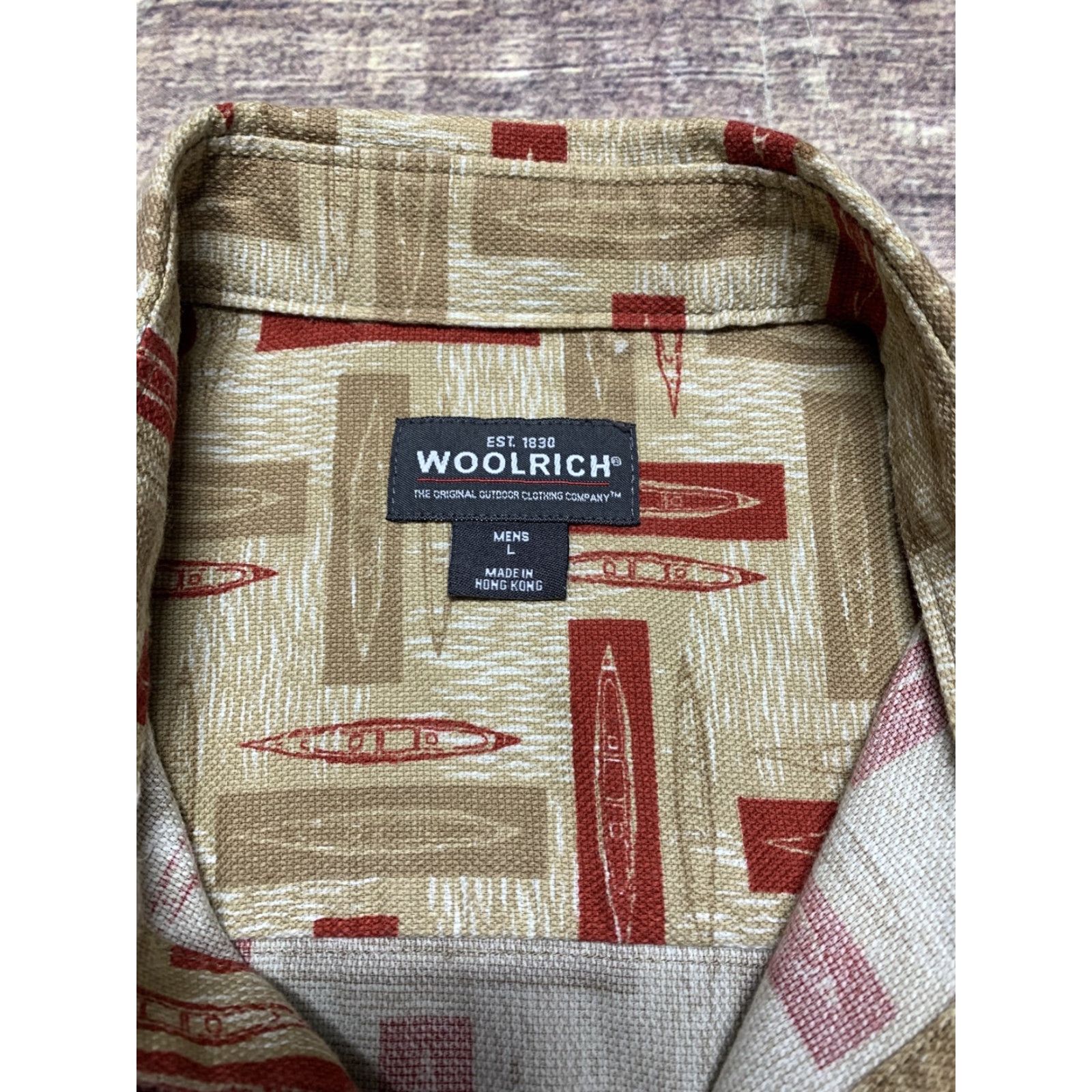 Vintage Woolrich Shirt Short Sleeve Mens Button-Down Outdoorwear Large Brown Red Geometric Pattern Casual Travel Cotton Size US L / EU 52-54 / 3 - 3 Thumbnail