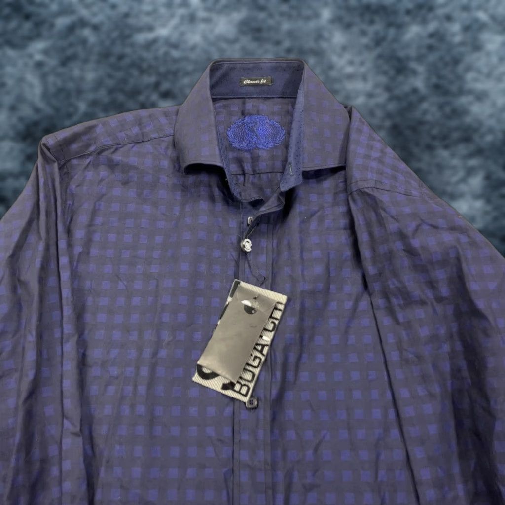 BUGATCHI Bugatchi Shirt Mens Medium Blue Check Classic Fit 100% Cotton Flip Cuff Contrast Size US M / EU 48-50 / 2 - 1 Thumbnail