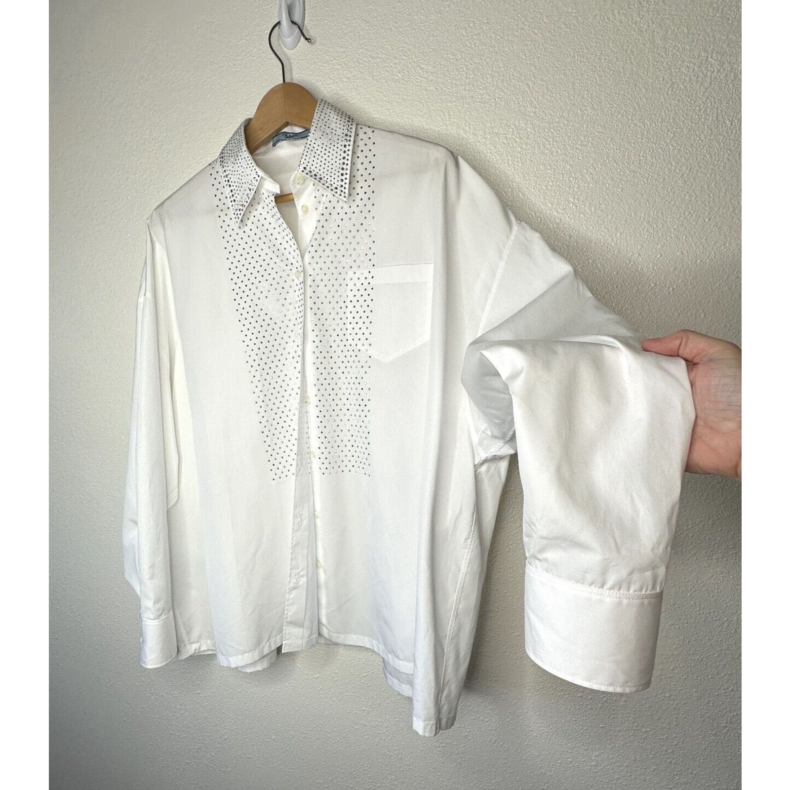 Prada Prada White Button Rhinestone Encrusted Collar & Front Shirt Size L / US 10 / IT 46 - 3 Thumbnail