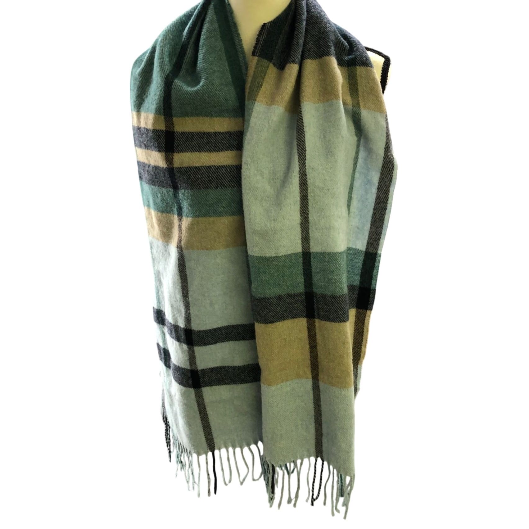 Vintage Italian Woolen Treasures Scarf Mens One Size Blue Plaid Wool Fringe Knit Rectangle Neck Warmer Winter Size ONE SIZE - 2 Thumbnail
