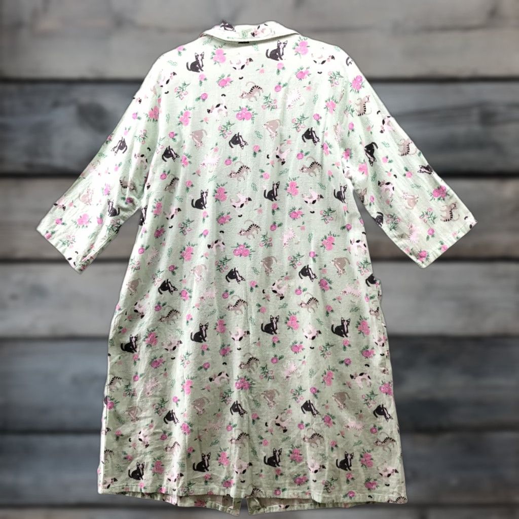 Vintage Cozee Corner Nightgown Flannel Womens L Green Cat Print Floral Nightgown Cat Lady Nightgown Size ONE SIZE - 1 Thumbnail