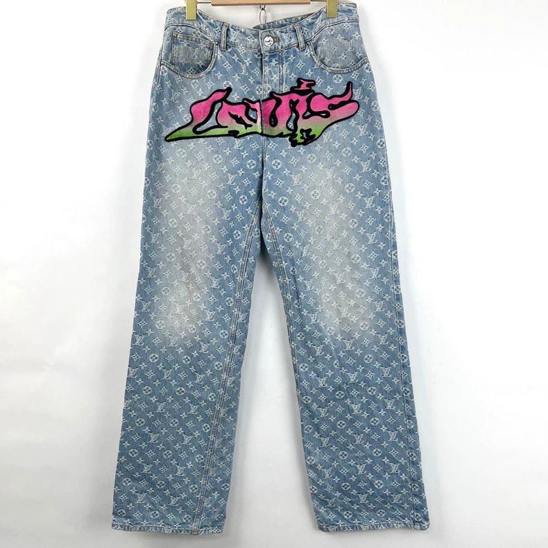 Louis Vuitton Flocked flame print full-print print jeans 25