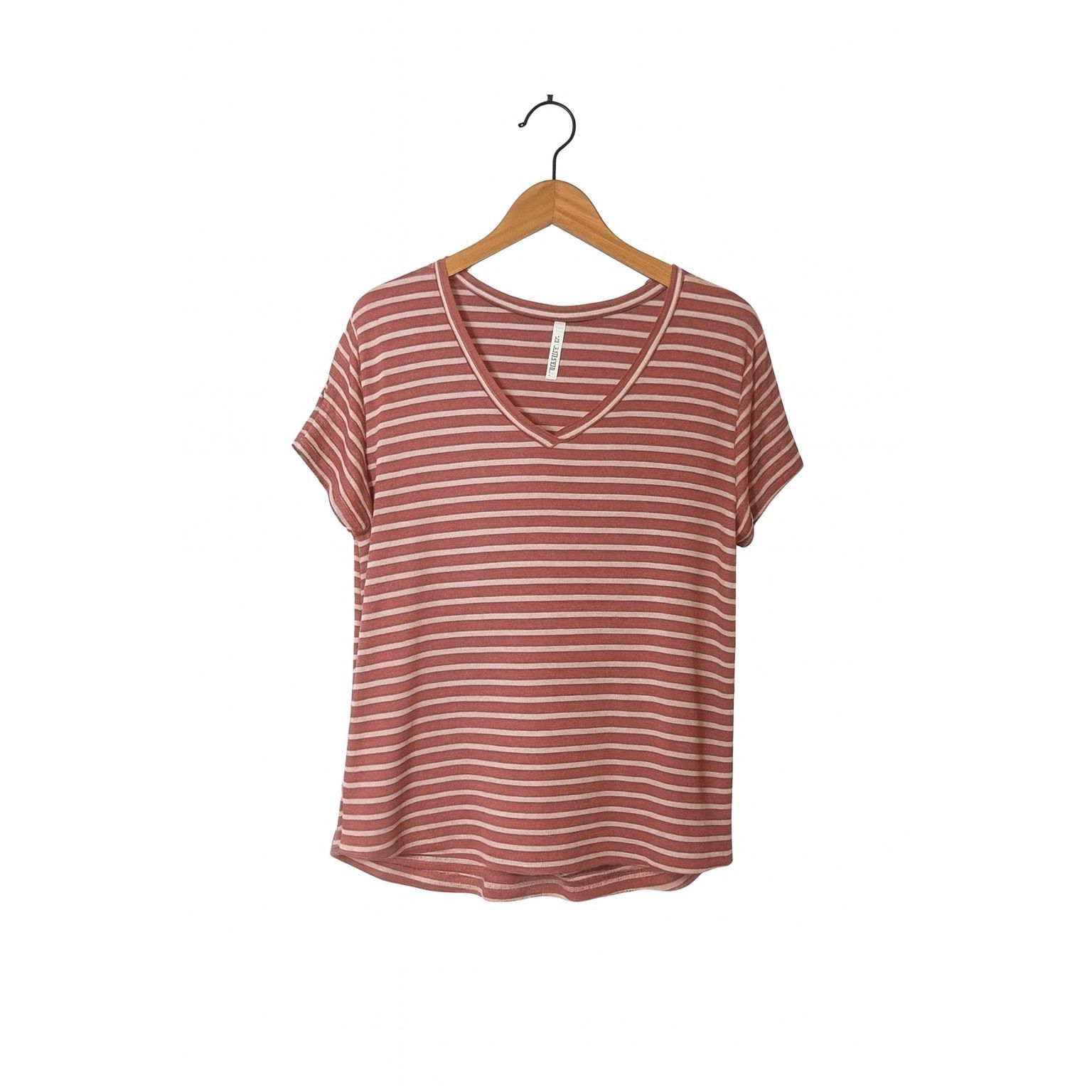 Other ActiveUSA Striped V-Neck T-Shirt | Women’s Size S | Pink & W Size S / US 4 / IT 40 - 3 Thumbnail