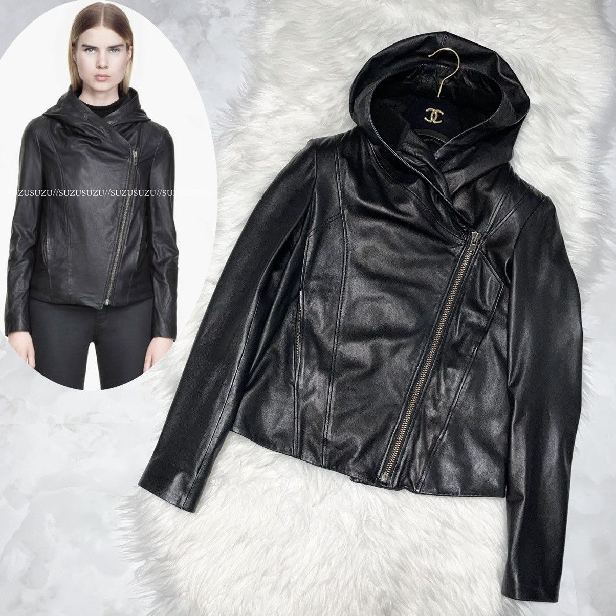 image of Helmut Lang Hooded Lamb Leather Riders Jacket Biker P Black, Women's (Size Small)