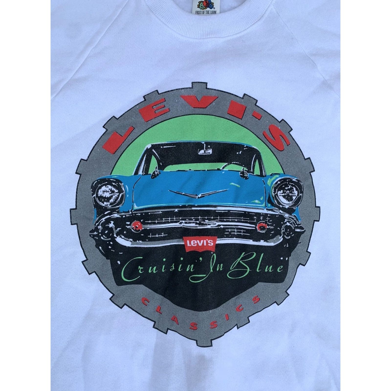 Fruit Of The Loom VINTAGE Fruit of the Loom Sweatshirt L White Cruisin’ In Blue Classics raglan sweatshirt 80s 90s American Cars Chevrolet Retro Men Size US L / EU 52-54 / 3 - 5 Thumbnail