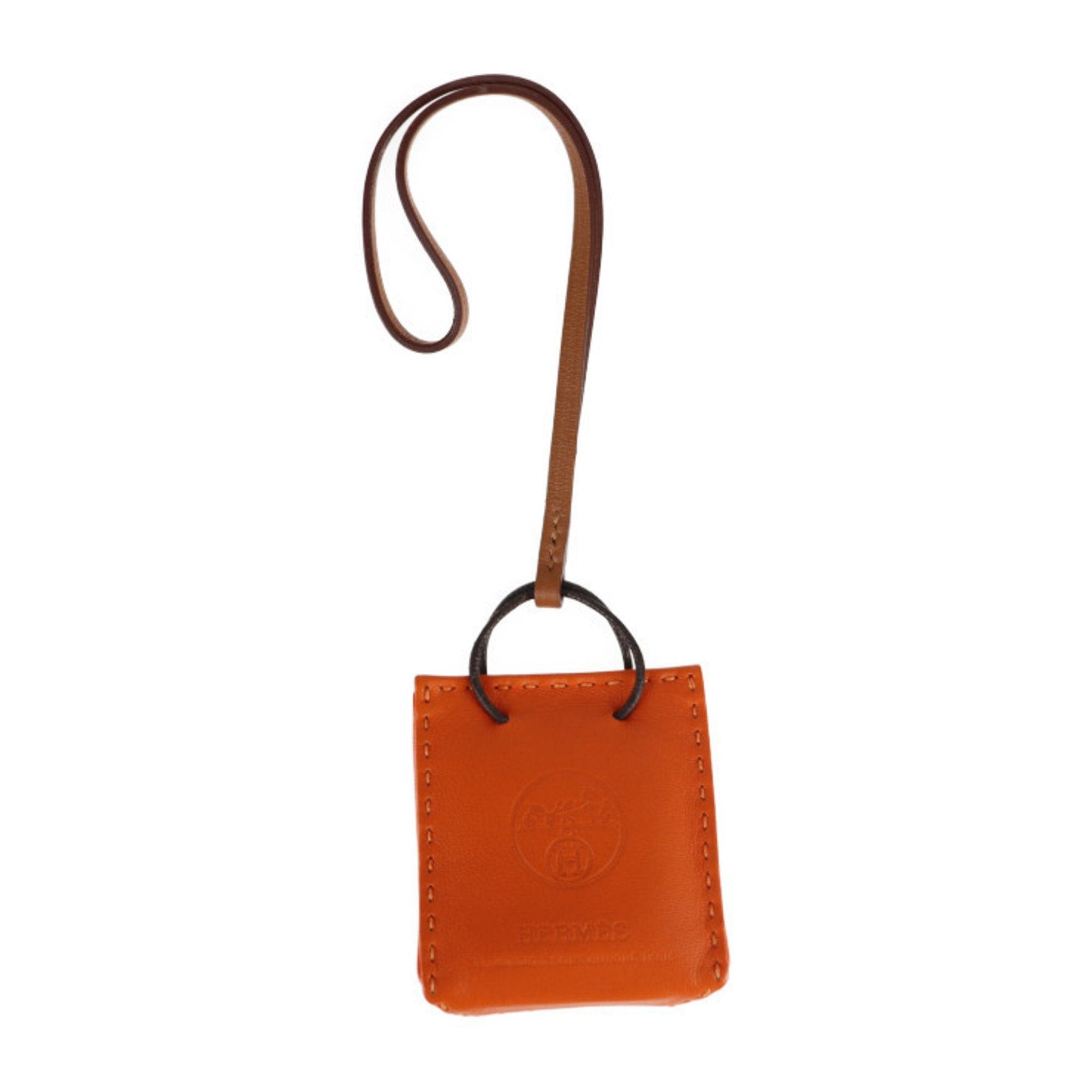 image of Hermes Sac Orange Bag Charm Key Holder Anumiro Shopper Type Mini Shopping Motif D Engraved in Black