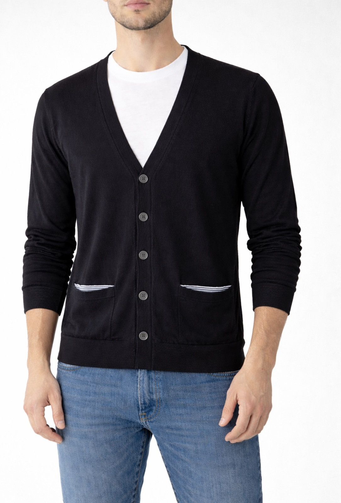 Michael Kors Michael Kors Black Cardigan w/ Black & White Stripe Detail Size US L / EU 52-54 / 3 - 1 Thumbnail