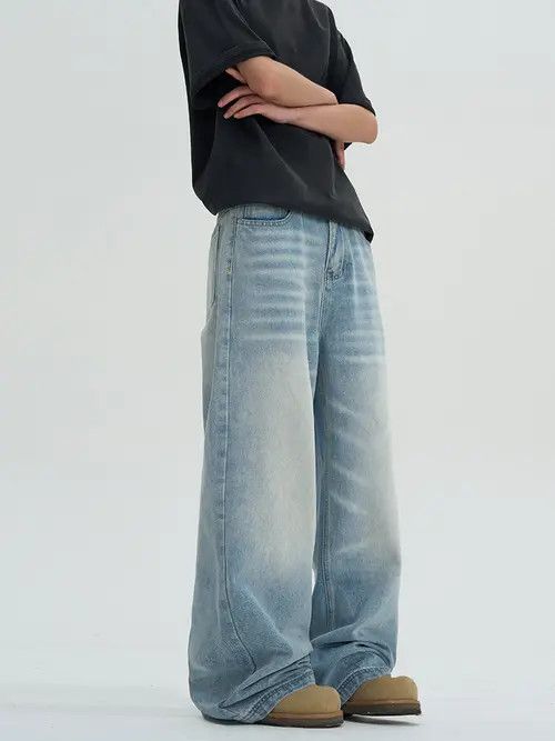 Jean Blue Washed Baggy Denim Jeans, Loose Wide Leg Jeans Size US 30 / EU 46 - 7 Thumbnail