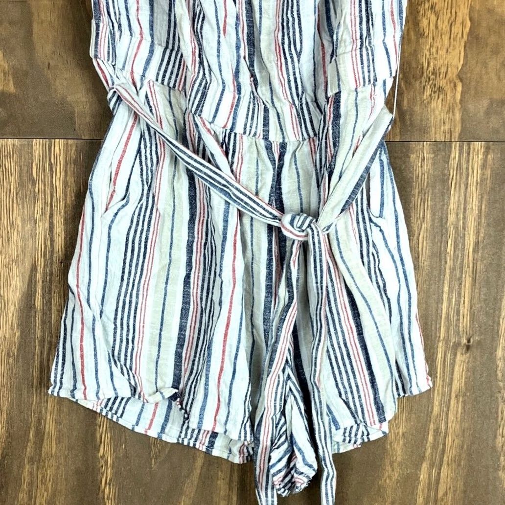Loft LOFT Beach Romper Tan Multi Striped Linen Blend Smock Neck Sleeveless M Womens Casual Party/Cocktail Travel Pockets Flutter Relaxed One-Piece Shirt? Size 32" / US 10 / IT 46 - 3 Thumbnail