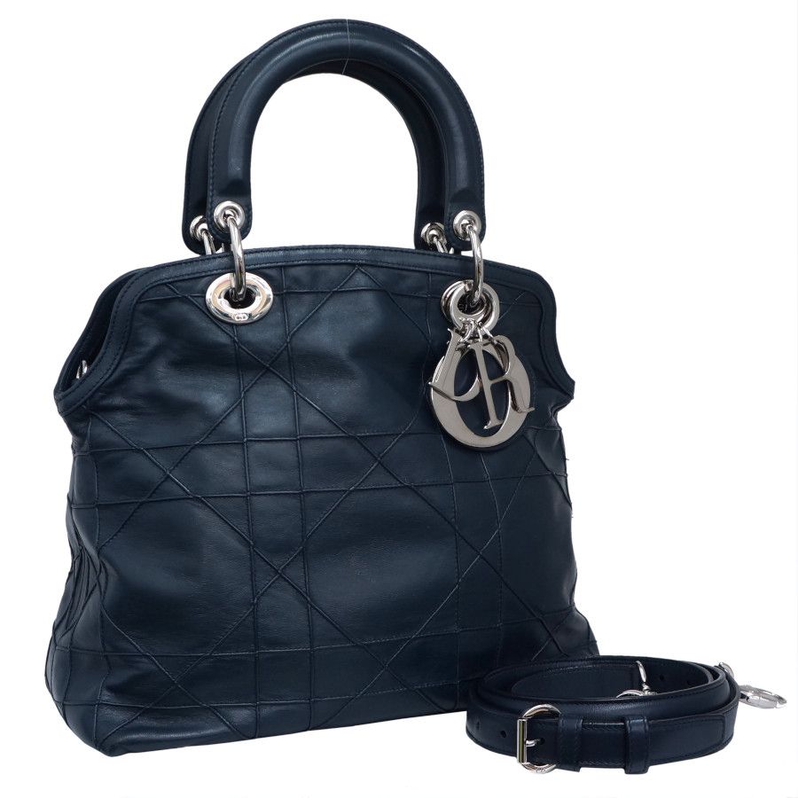 image of Christian Dior Cannage Granville Handbag 2Way Bag Navy in Black, Women's