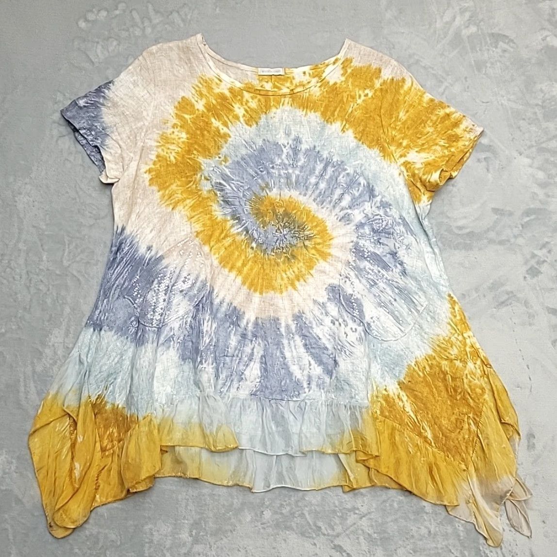 Vintage VINTAGE Made In Italy Tunic Womens M Yellow Blue Tie Dye Linen Silk Boho Ruffle Size M / US 6-8 / IT 42-44 - 3 Thumbnail