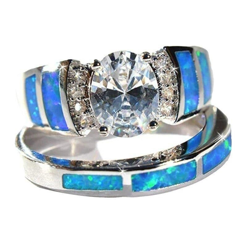 Designer 2pcs Blue Opal Epoxy Zircon Inlaid Silver Ring Set - Size 6 Size ONE SIZE - 5 Thumbnail