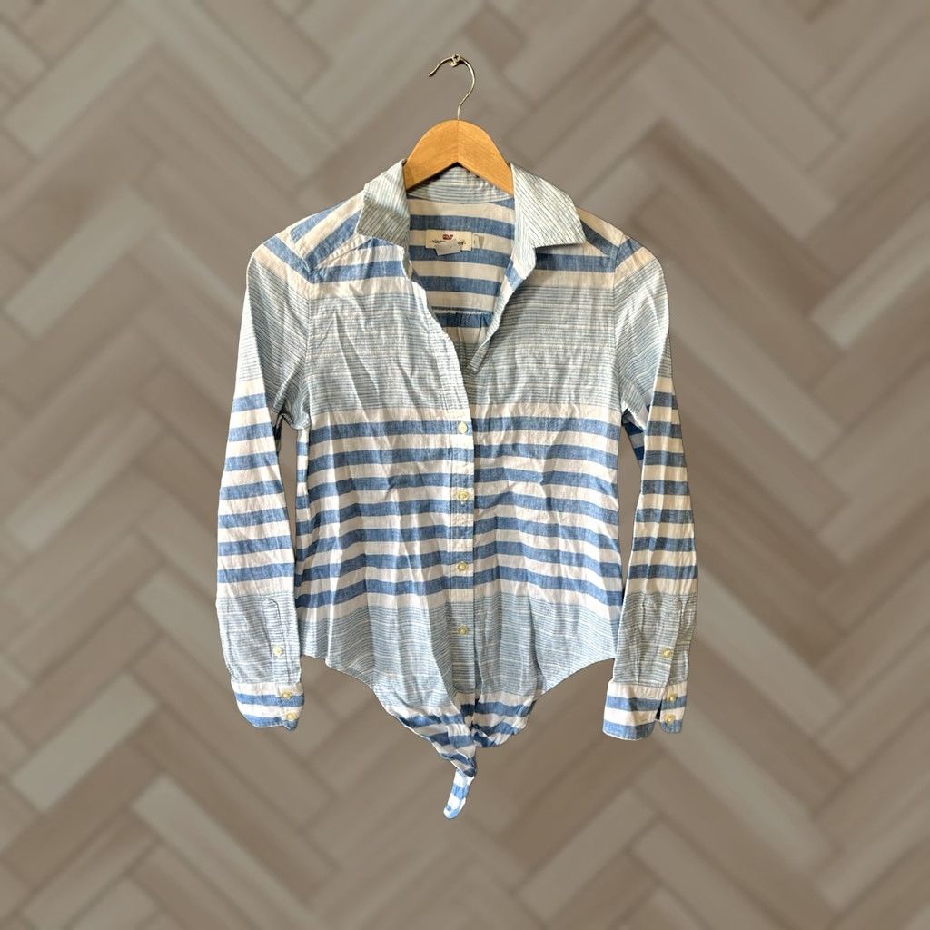 Vineyard Vines Vineyard Vines Popover Tie Front Striped Blue Linen Blend Button Top Womens Shirt Long Sleeve Collared Tie Pullover Casual 0 Regular Blue Women's PVC? Size XS / US 0-2 / IT 36-38 - 1 Thumbnail