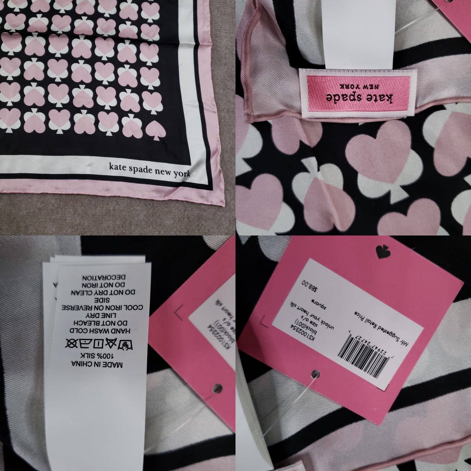 Pinko Kate Spade Scarf Womens Square Scarf 33x33in Pink Black Silk Geometric Heart Pattern Size ONE SIZE - 8 Thumbnail