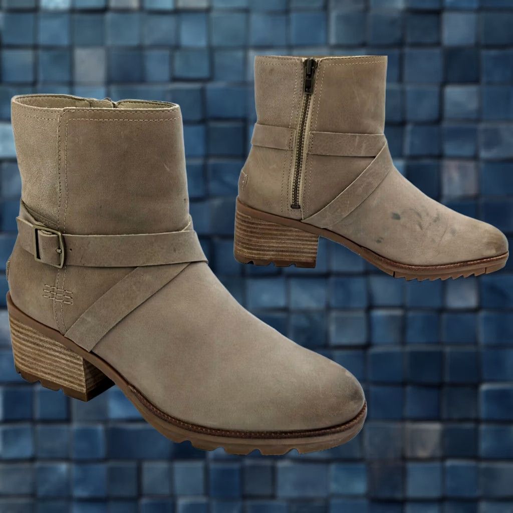 SOREL SOREL Out N About Boots Women 9 Taupe Leather Ankle 8" Tall w 2.5" Heel Buckle Strap Zip NL3708-251 Brown Leather Western Casual Winter Fall Size US 9 / IT 39 - 1 Thumbnail