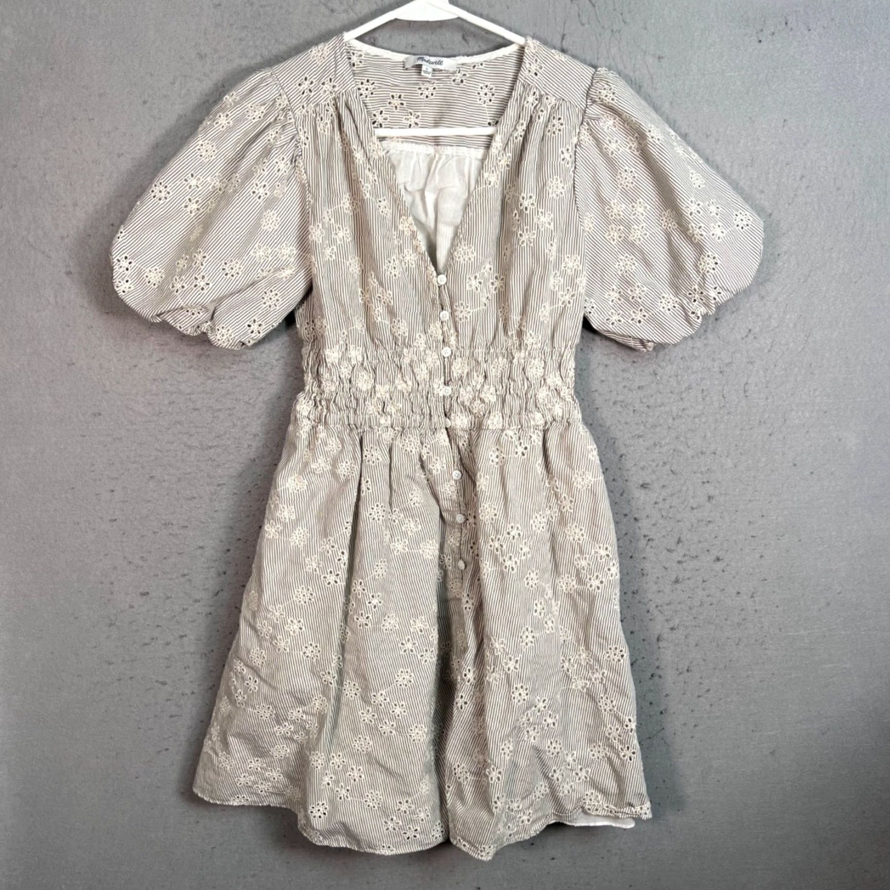 Madewell Madewell Embroidered Striped Puff-Sleeve Mini Dress Smocked Waist Button Front Size S / US 4 / IT 40 - 2 Thumbnail