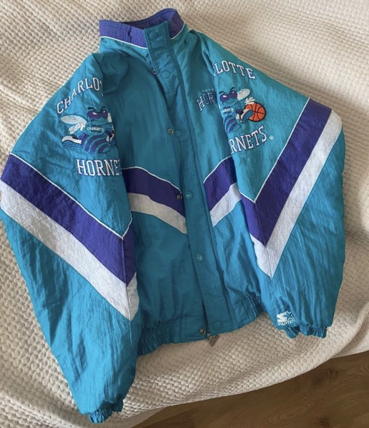 image of Archival Clothing x Bomber Jacket Charlotte Hornets VTG Starter Bomber Jacket XL in Blue, Men's