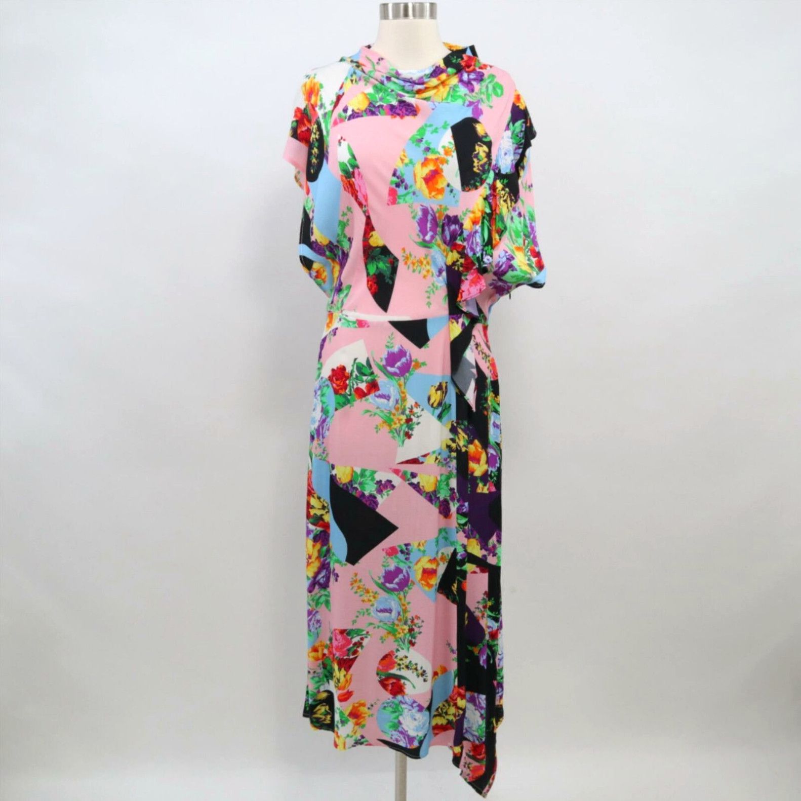 image of Topshop Midi Dress Womens Us8 Uk12 New Floral Print Cowl Back Asymmetrical Hem in White (Size Mediu