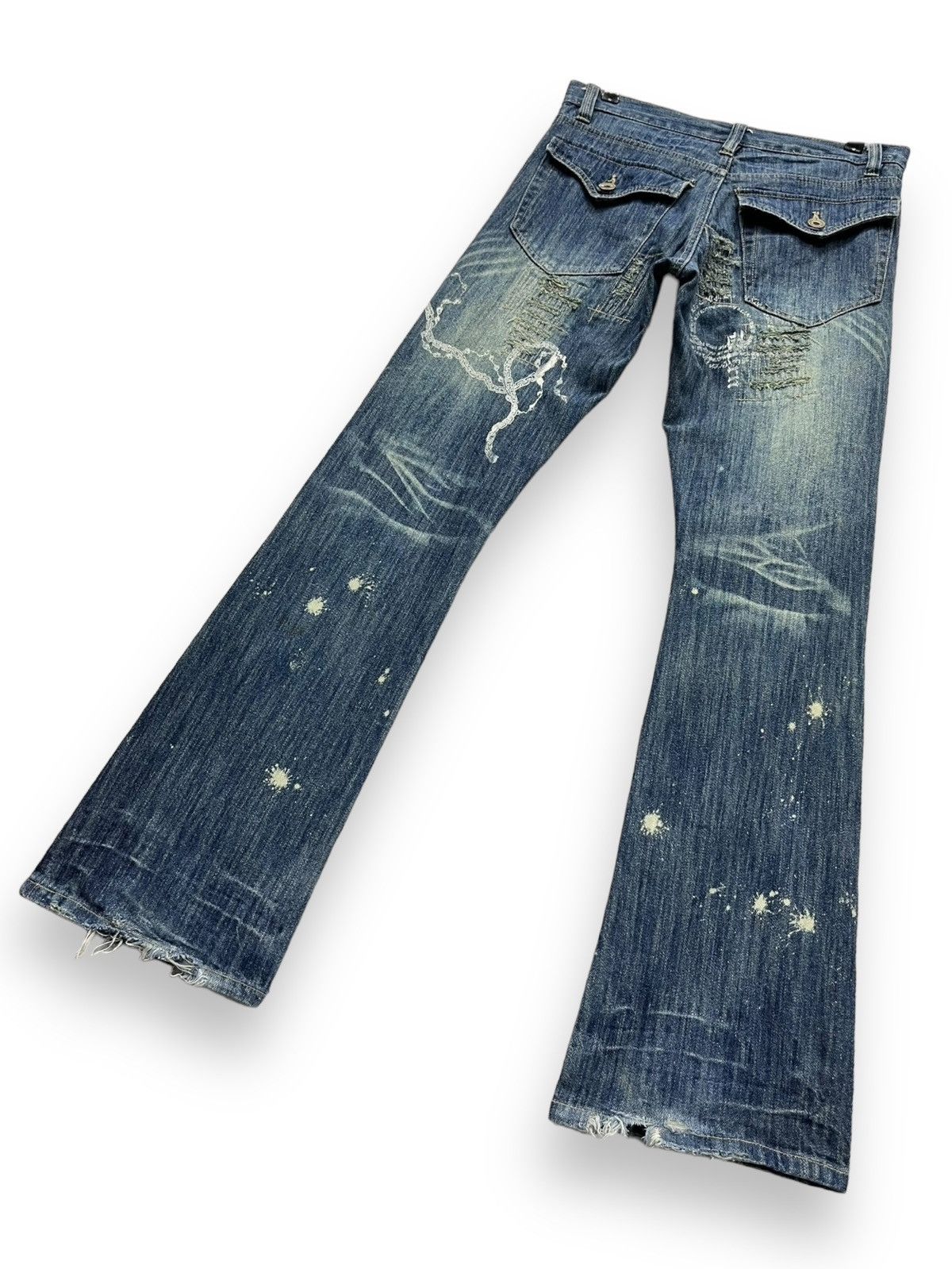 Guru FYE🔥GUMU INTERNATIONAL Punk Ripped Tribal Print Flare Denim Size 31" - 7 Thumbnail