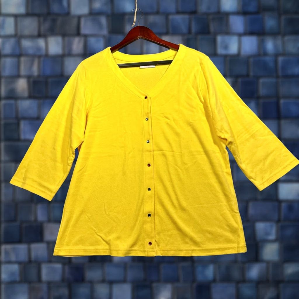 Quacker Factory Quacker Factory Cardigan Womens L Yellow Stretch Knit 3/4 Sleeve V-Neck Size L / US 10 / IT 46 - 1 Thumbnail