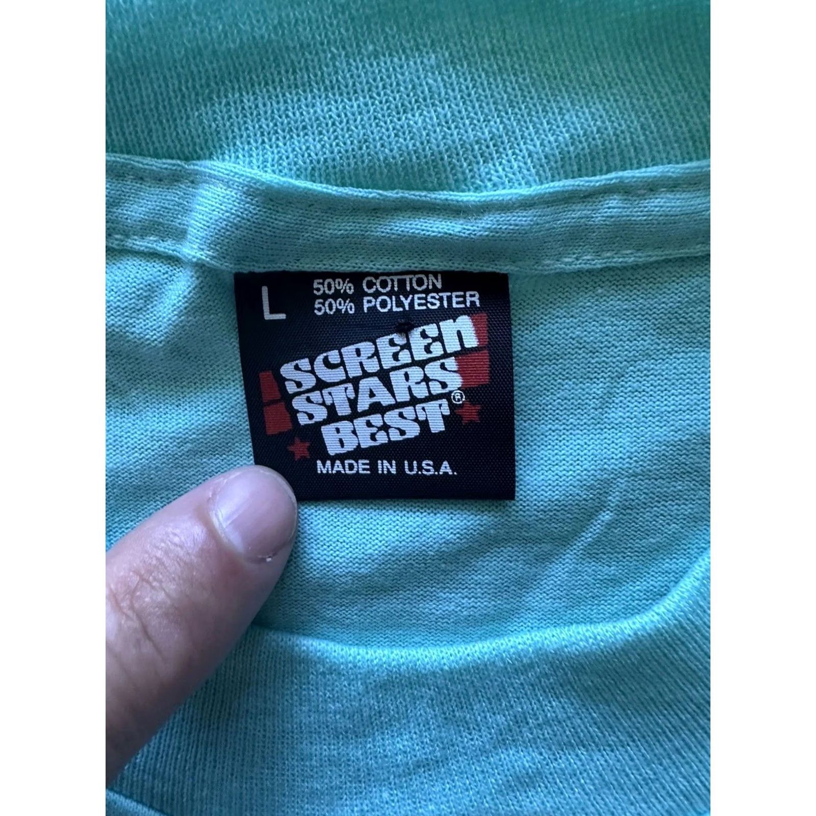 Vintage VINTAGE Screen Stars T-Shirt Turquoise L Men Short Sleeve 1980s 1990s Single Stitch NWOT Cotton Blend Made in USA Size US L / EU 52-54 / 3 - 3 Thumbnail